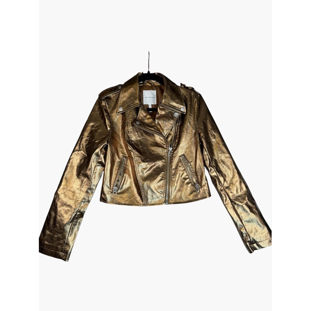 Avec Les Filles Metallic Bronze Vegan Leather Moto Jacket Womens Small Cropped